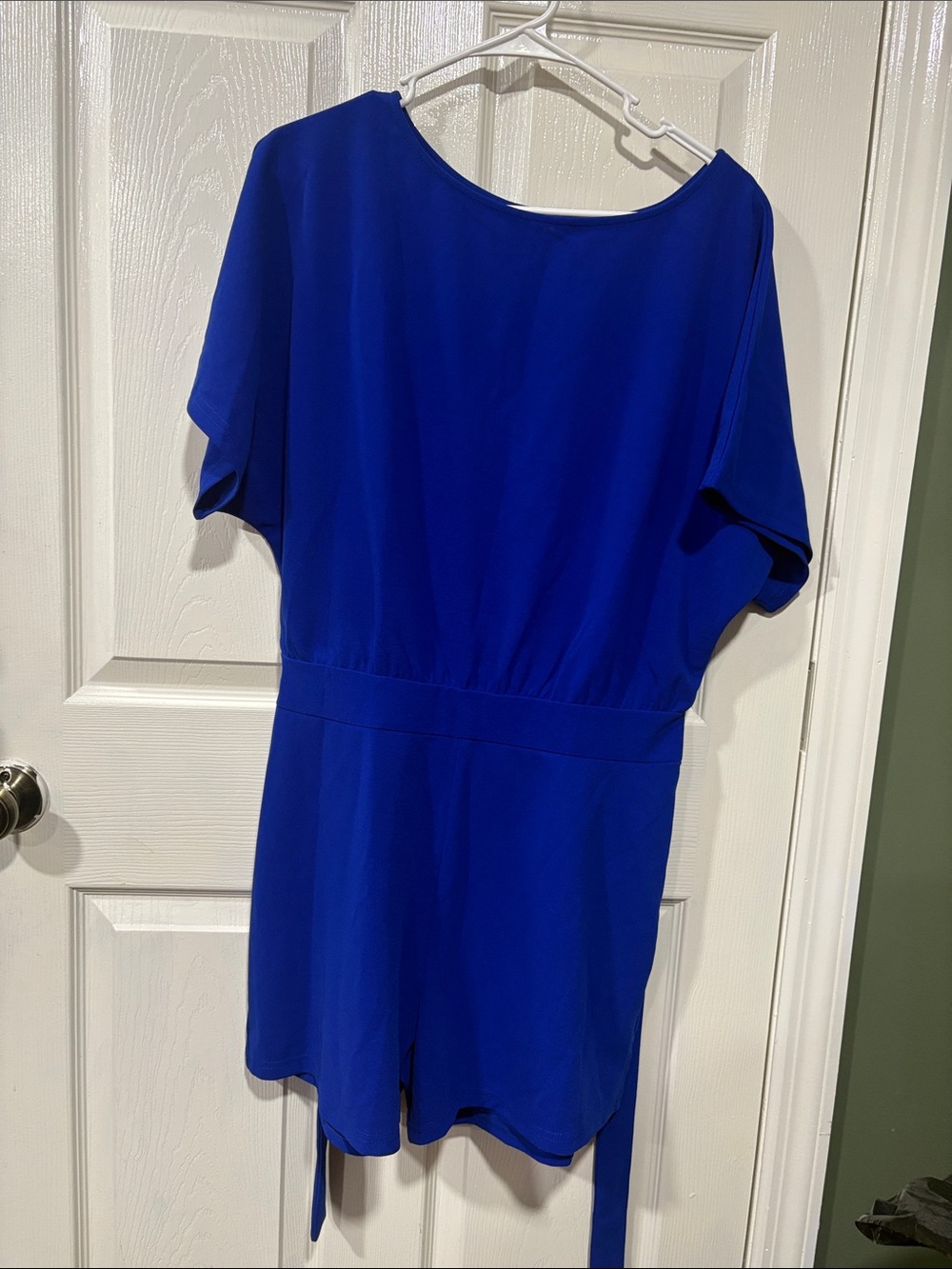Women’s Royal Blue Short Sleeve Romper - Modern Waist Tie
